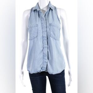 Bella Dahl Sleeveless Tencel Button Down Shirt Light Blue Micro Dot B2744-648 S
